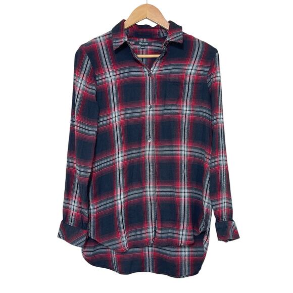 Madewell Women's Small Black Red Plaid Long Sleeve Button Up Hi low Blouse Top - Picture 1 of 4